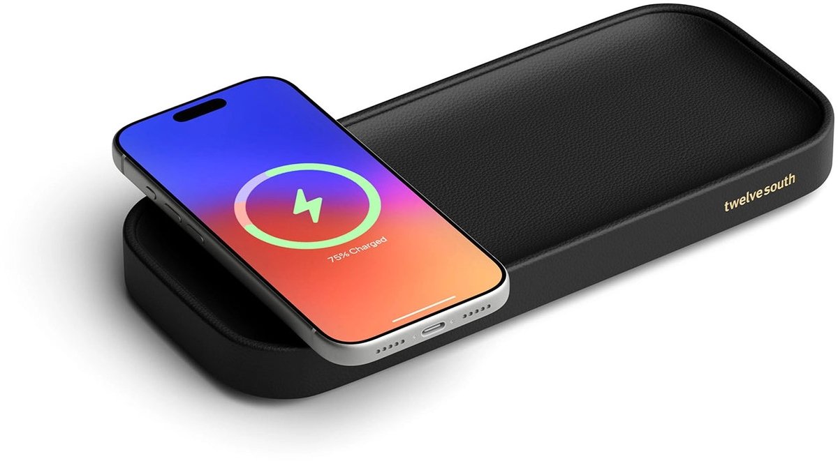 Twelve South Valet Sleutel Bakje met Draadloze Oplader – Biedt Qi2 Draadloos Opladen tot 15W – Premium Nappa Lederen Dienblad – Extra USB-C-Poort voor Bedraad Opladen - Zwart