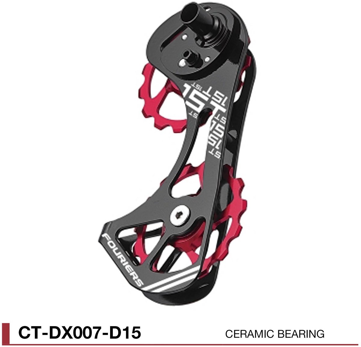FOURIERS Oversized Derailleur Cage (CT-DX007- D15-B1R3) - CNC-gefreesd - Aluminium Cage en Pulley - 15T/15T - Keramische Lagers - Zwart-Rood - Shimano RD 9000 / 9070