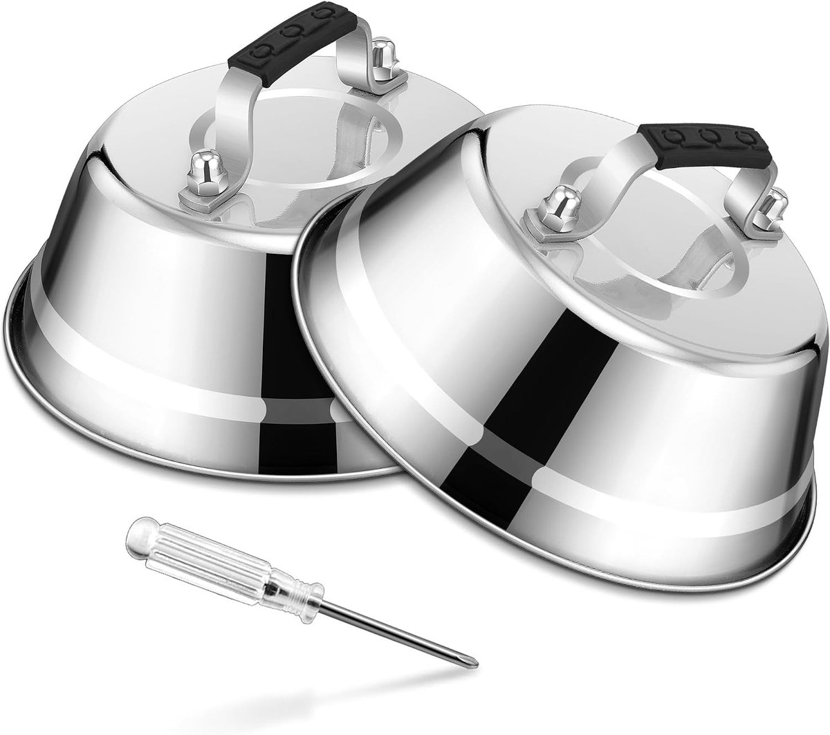 RVS Burgerbel Set van 2 Stuks met Rubber Handvat voor Grillen, Melten van Kaas en Steak, Geschikt voor Binnen en Buiten, Vaatwasserbestendig - 23 * 8.5cm