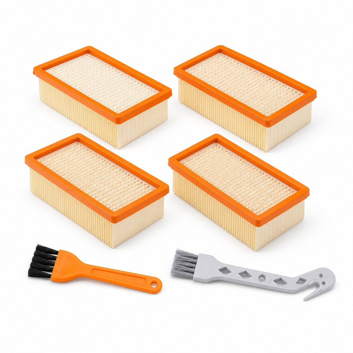 JustValue Vlakfilterset 4 Stuks - Geschikt voor Kärcher WD4/WD5/WD6 en MV4/MV5/MV6 - Met 2 Reinigingsborstels