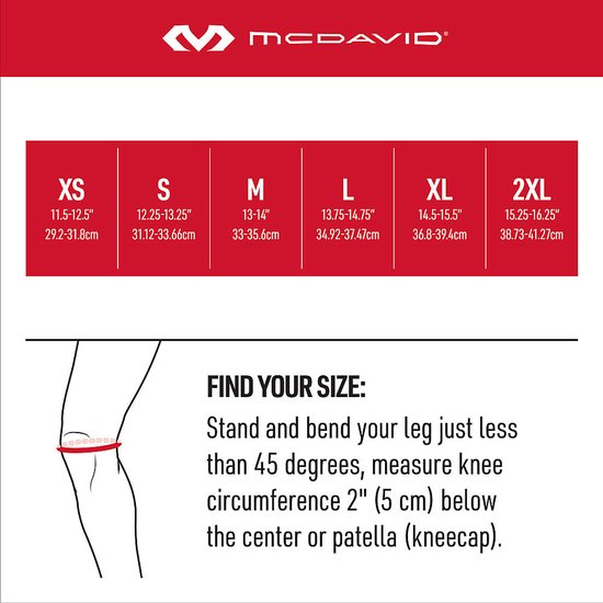 Maattabel voor kniebraces, van XS tot 2XL, met metingen in inches en centimeters. Instructies voor het opmeten.