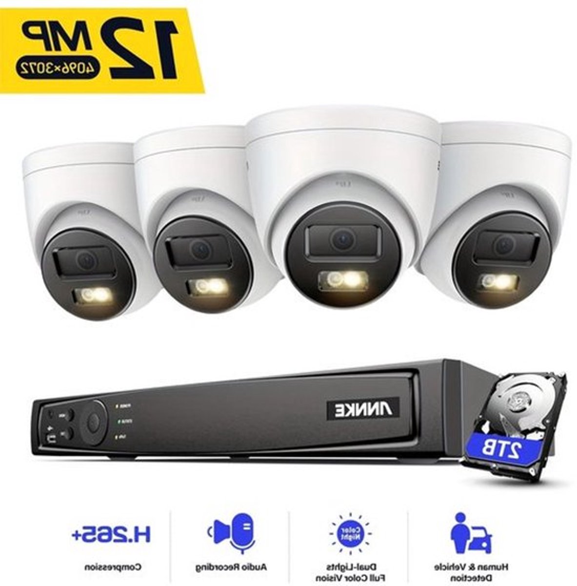12MP CCTV Beveiligingssysteem – Beveiligingscamera – Toezichtcamera – IP Camera – NVR Recorder – Kleur- & Infra Rood Nachtzicht – Intelligente Mens- en Voertuigdetectie