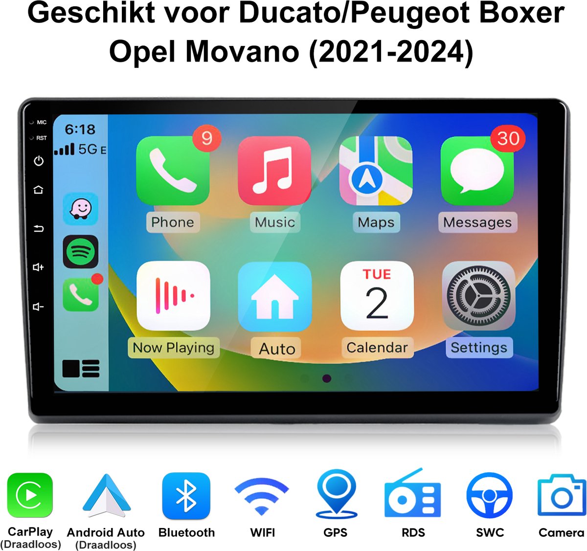Junsun Android 15 Autoradio Geschikt voor Ducato/Peugeot Boxer/ Opel Movano (2021-2024) - 1GB+32GB - Draadloze CarPlay & Android Auto - GPS-Navigatie - Bluetooth - 9-inch Touchscreen - Stuurwielbediening - WiFi - RDS - USB