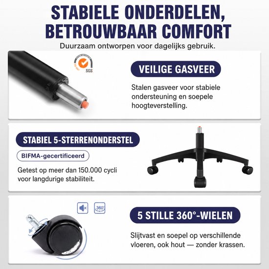 Zwarte bureaustoel met gasveer, 5-sterrenonderstel en 5 stille 360° wielen.