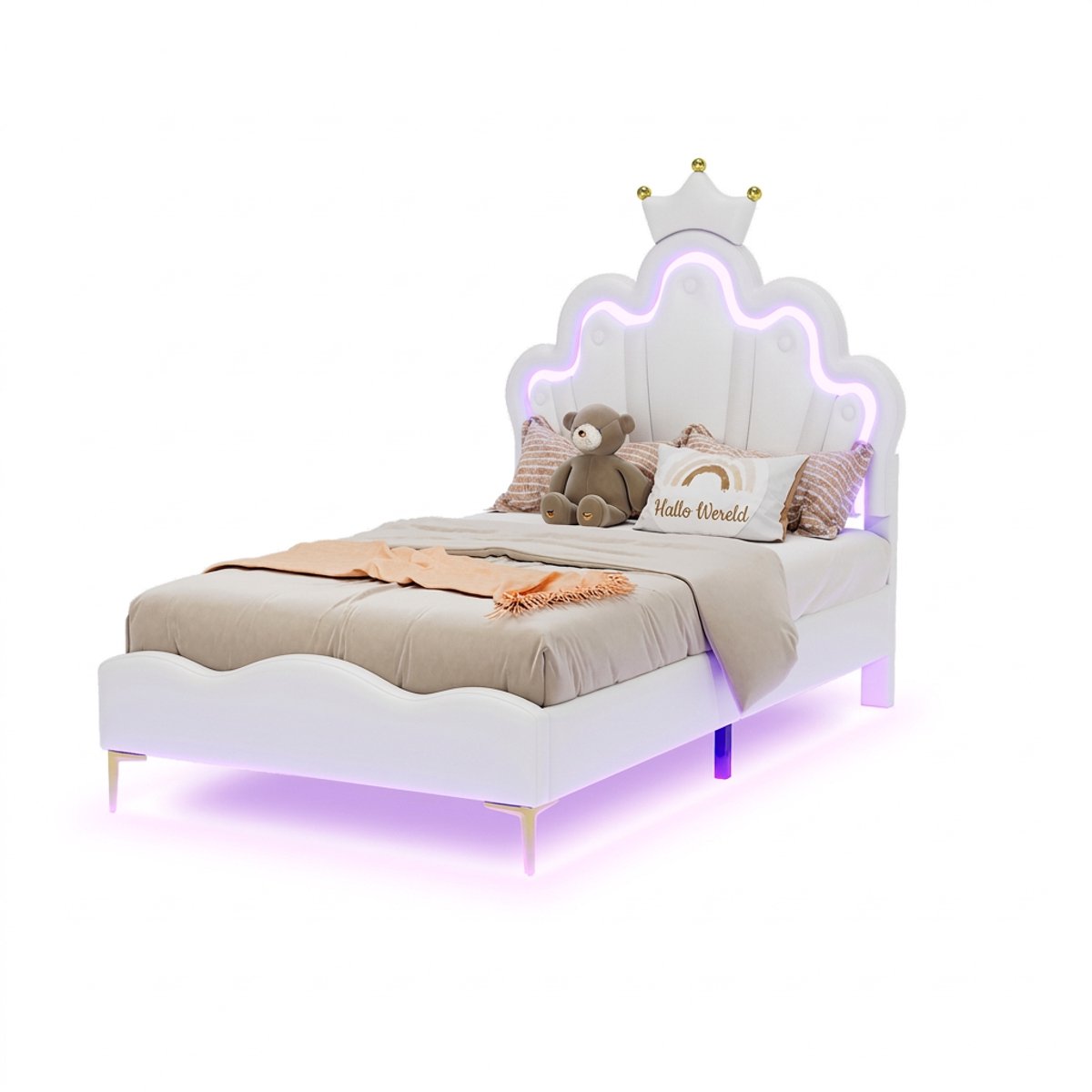 Prinsessenbed 90 x 200 cm - Kroonvormig hoofdbord, PU-leer en verstelbare LED - Wit-Matras niet inbegrepen