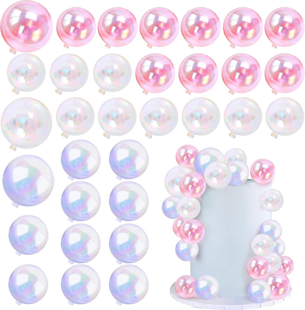 32 stuks bal taart plectrums kleurrijke bal vormige taart topper parel ballen cupcake taart insert topper voor verjaardagsfeestje bruiloft decoratie benodigdheden (wit, helder roze en helder