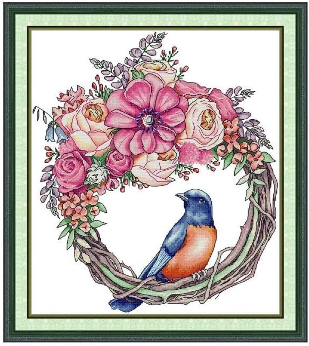 14ct Gestempelde Kruissteekpakketten voor Volwassen Beginners, Bloemenkrans met Vogel DIY Voorbedrukte Kruissteek Borduurset met Accessoires Wanddecoratie 38x43cm (Vogel)
