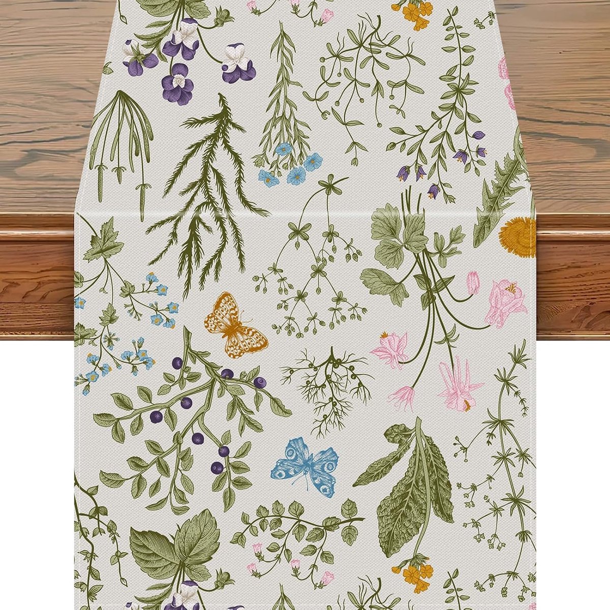 33 x 274 cm bloemen-tafelloper - wilde bloemen en vlinders design wit linnen decor voor lente en zomer diner perfect voor thuisfeesten en keukentafels