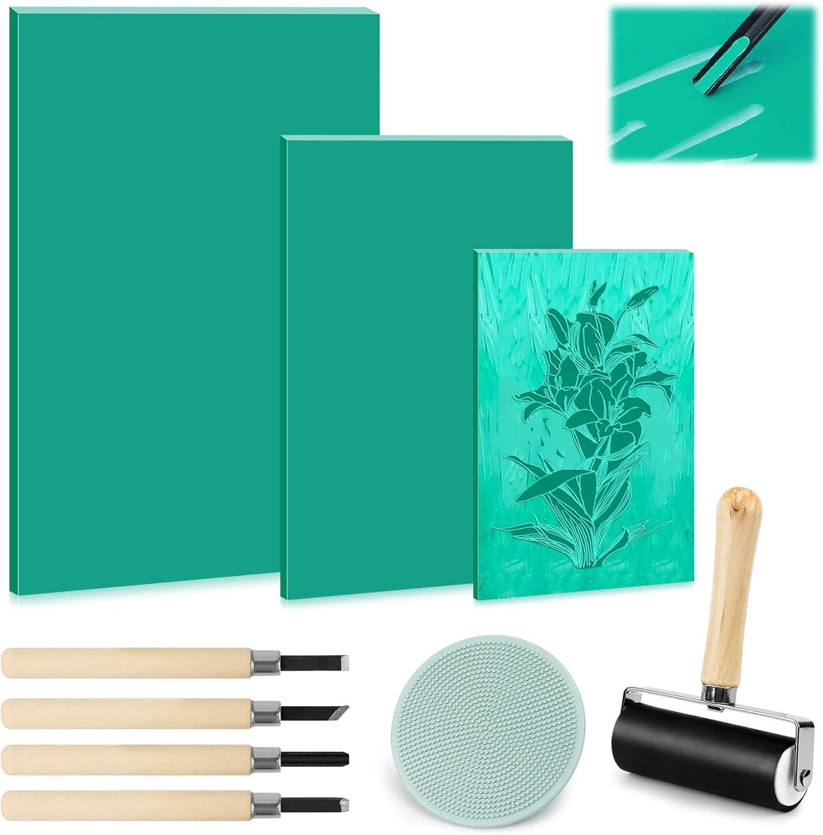 Linolsnijder, 9 stuks, linoleumplaten, linoldruk, set, rubberen stempel, snijblokken A4/A5/A6, linoldruk, starterset met beeldhouwgereedschap, voor het zelf stempelen
