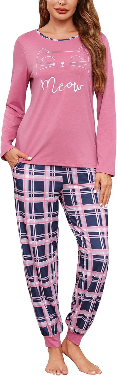 Pyjama voor dames, lang, geruit, tweedelige pyjamaset, ronde hals, bovendeel en pyjamabroek, loungewear, huispak voor volwassenen en vrouwen