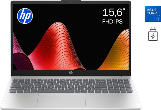 Zilverkleurige HP laptop met 15,6 inch FHD IPS scherm. Bevat Intel Core 5 processor en Windows 11 Home.