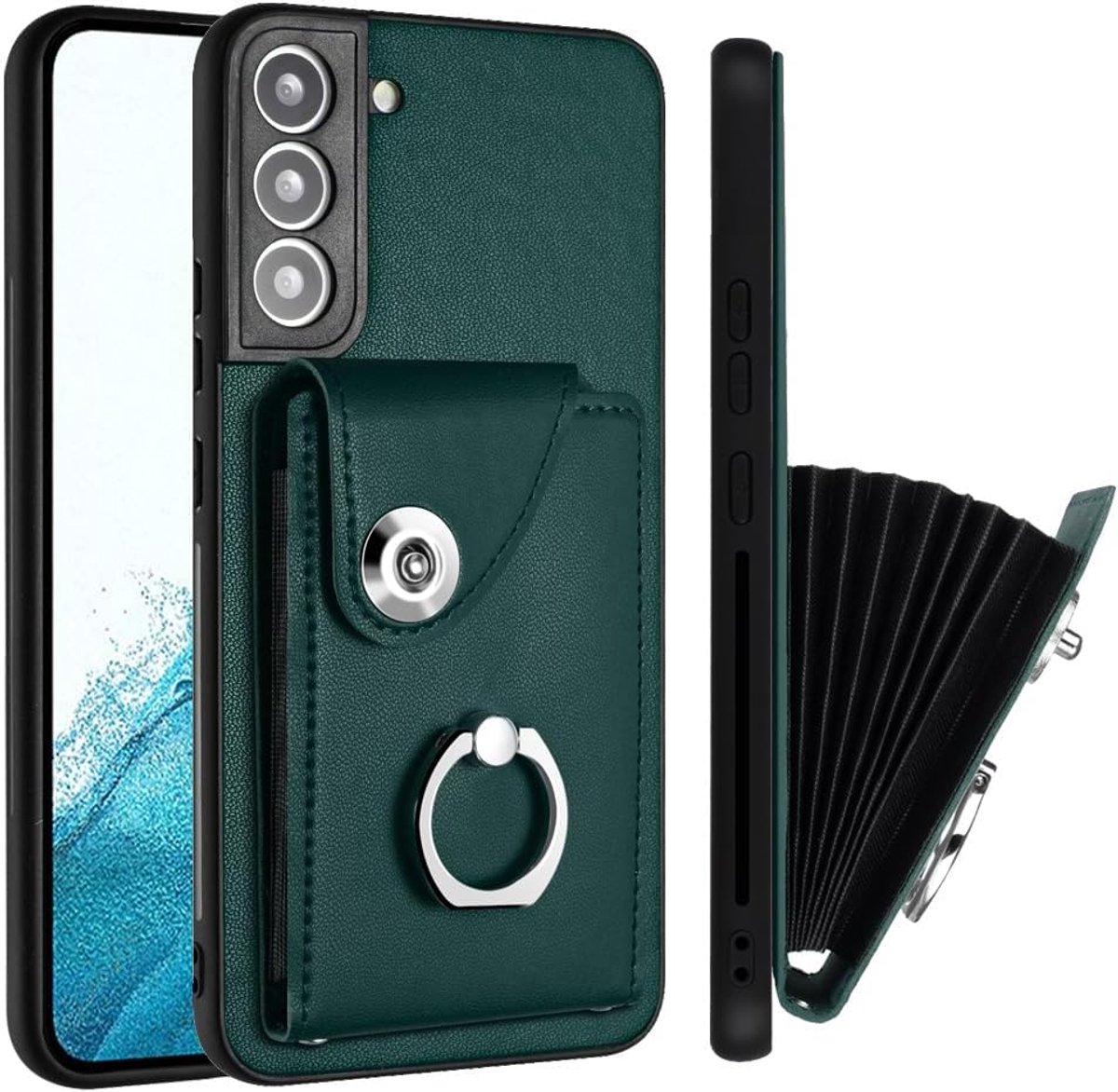 Hoesje voor Samsung S22 met Standaard en Pasjeshouder (Groen) | Leer Siliconen Schokbestendige Portemonneehoes voor Samsung Galaxy S22 met Ring, Magnetische sluiting