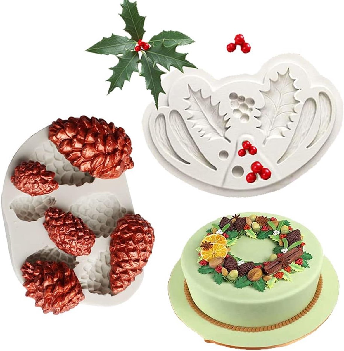 Siliconen Mallen voor Kerstmis, hulstblad en dennenappel, voor zelfgemaakte taarten, fondant, koekjes, suiker, pudding, chocolade, harde snoep, dessertdecor