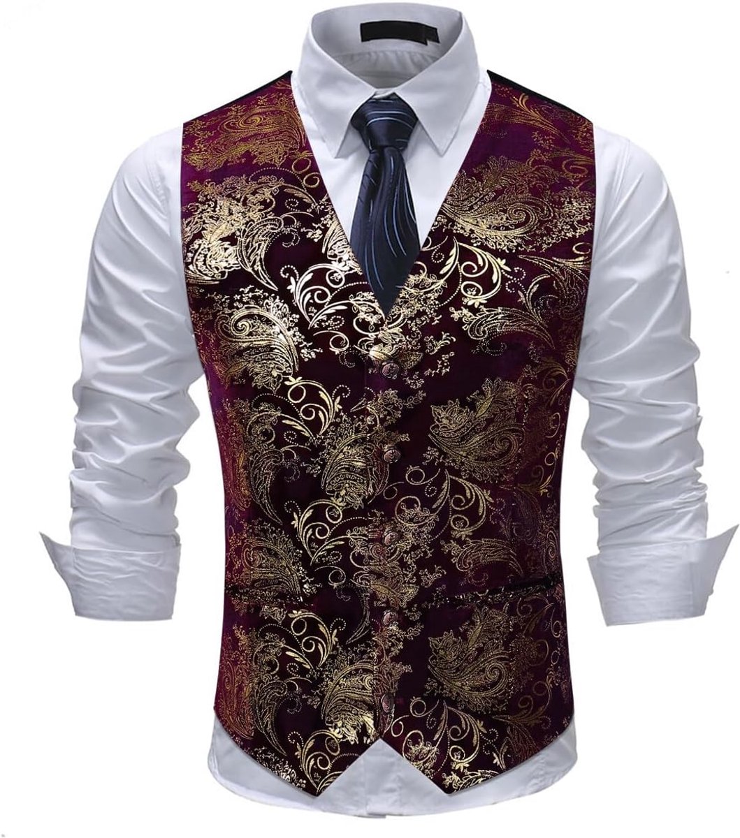 Paisley Jacquard Pak met Vest, Vest met enkele knopenrij, Jurk Vest Slim Fit, Button Down, Prom Formeel Pak, Vest, Vesten