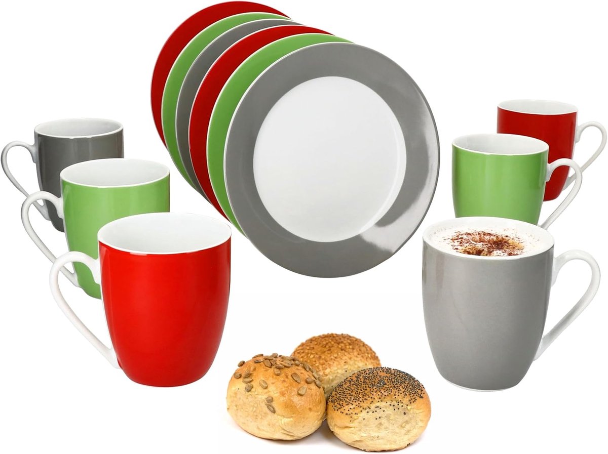 Variant Trio 12-delige ontbijtset, 6 x kleine borden en koffiekopjes 350 ml, hoogte 10,3 cm, voor 6 personen, kopje, taartborden, porseleinen servies voor ontbijt- en koffietijd