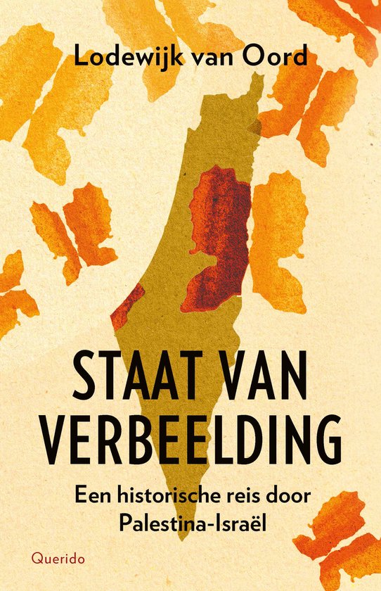 Boek met op de voorkant een kaart van Palestina-Israël in geel en rood, met oranje bladeren aan de bovenkant.