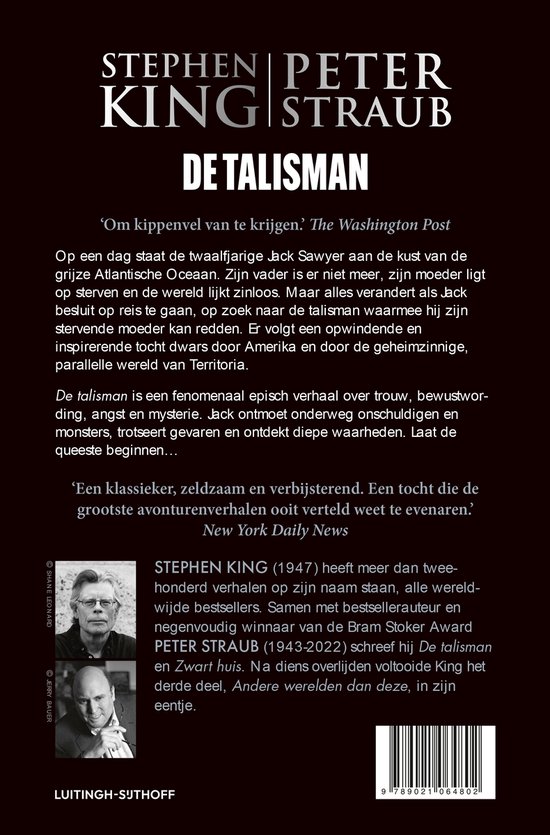 Boekomslag "De talisman" met foto's van Stephen King en Peter Straub. Titel en citaten in het Nederlands.