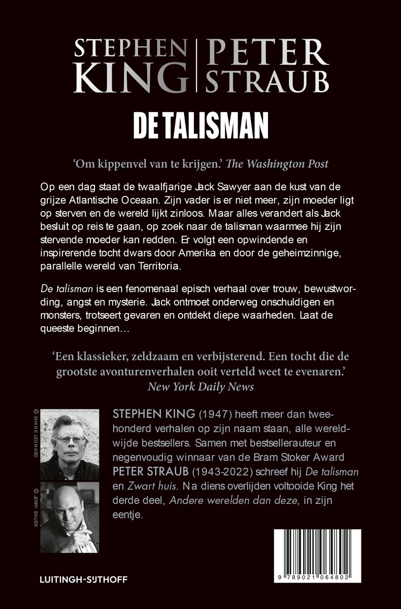 Boekomslag "De talisman" met foto's van Stephen King en Peter Straub. Titel en citaten in het Nederlands.