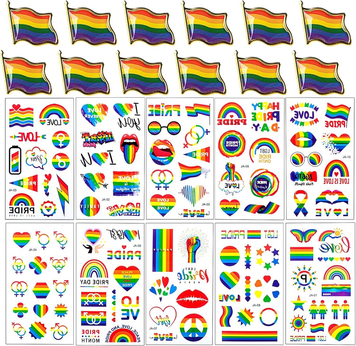 Pride Pins, set van 22 stuks, regenboogbroches, reversspeldset, regenboogtatoeages, vlag regenboog-spelden + stickers, voor feesten, homefeesten, Pride Parade