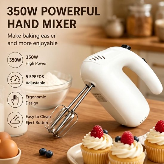 Handmixer, 350 W, handmixer met 5 snelheden, handmixer, elektrische garde, ideaal voor room, cake, deeg, eieren en bakken in de keuken, wit — afbeelding 2