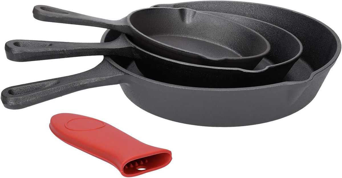 BBQ-pannenset van gietijzer, 4-delig, ronde serveer- en braadpannen in 3 maten, met gietuitsparing en siliconen handvat, voor oven, grill, alle warmtebronnen inclusief inductie geschikt