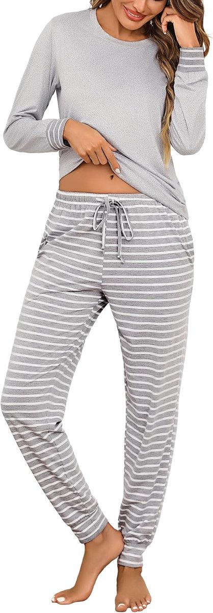 Pyjama van katoen voor dames, winter, tweedelig, lange pyjama voor dames met zijzakken, comfortabel, casual, voor thuis, S-XXL