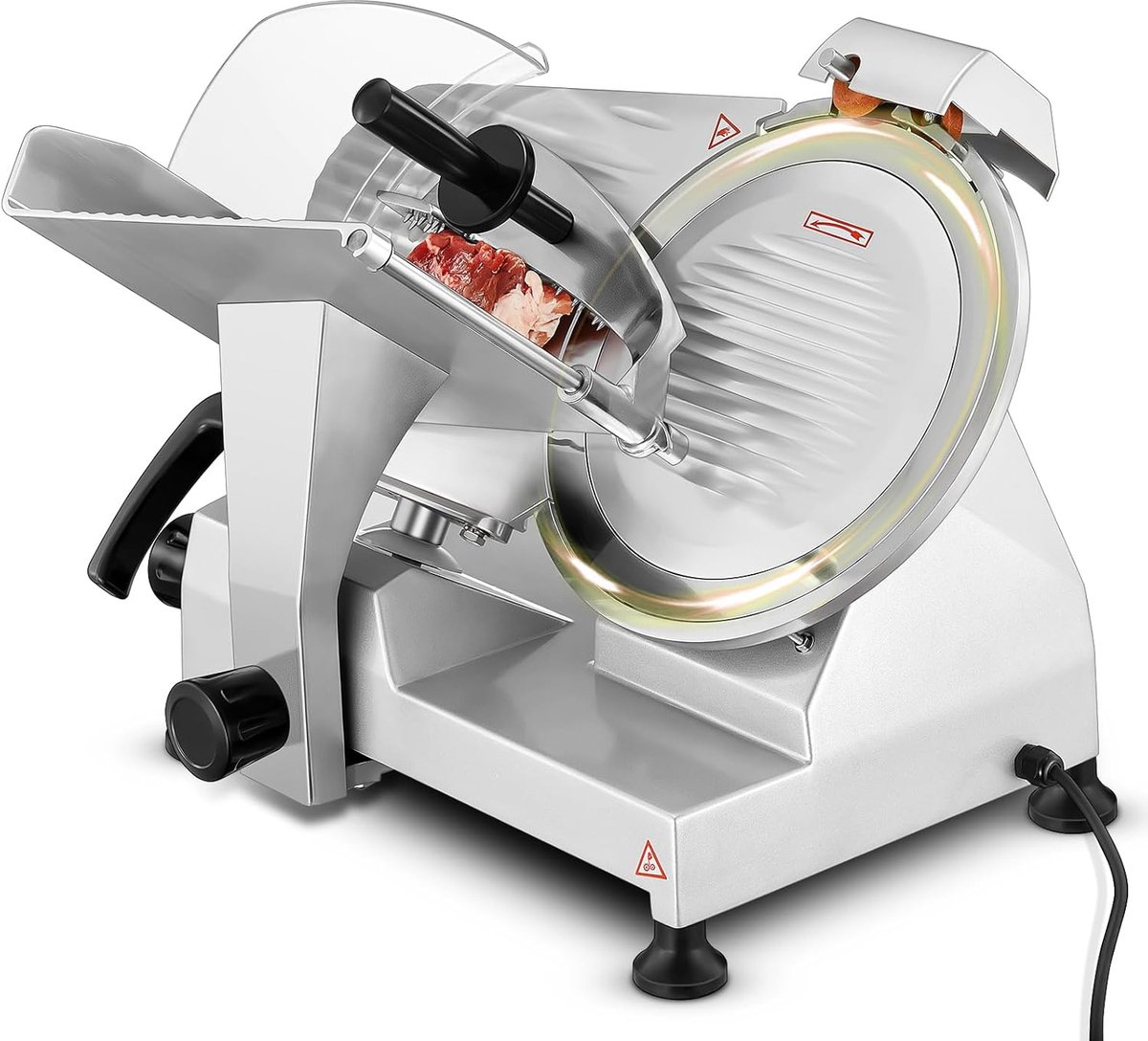 240 W commerciële vleessnijmachine, elektrische snijmachine, voedselsnijder, allessnijder, broodsnijmachine met 25,4 cm koolstofstalen lemmet, 0-12 mm snijdikte, beurs