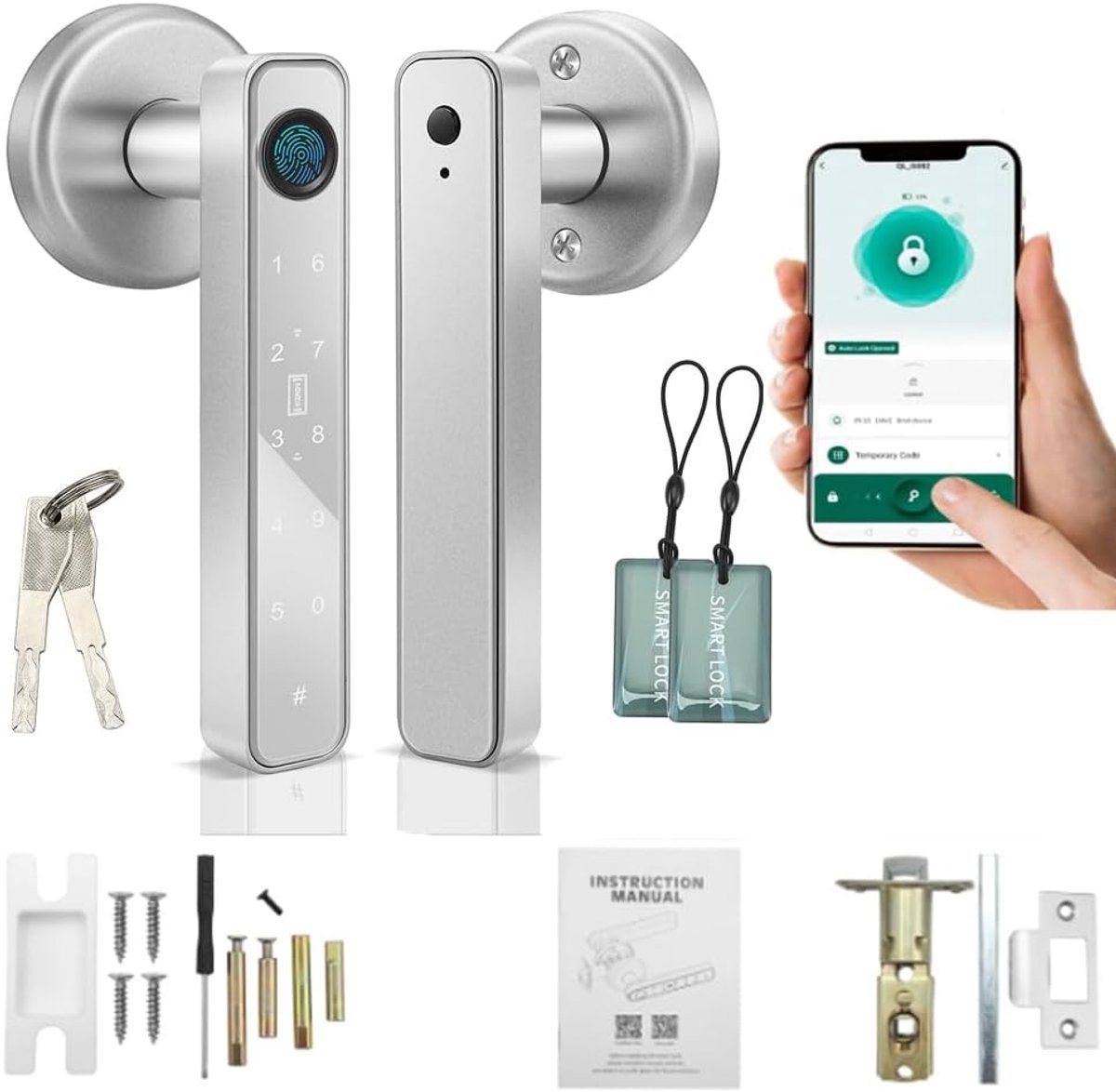 Deurslot vingerafdruk, toetsenbordslot met handgreep, elektronisch grendelslot via app bediend, code-ontgrendeling/touch, intelligent deurslot voor voordeur, huis, kantoor, appartement
