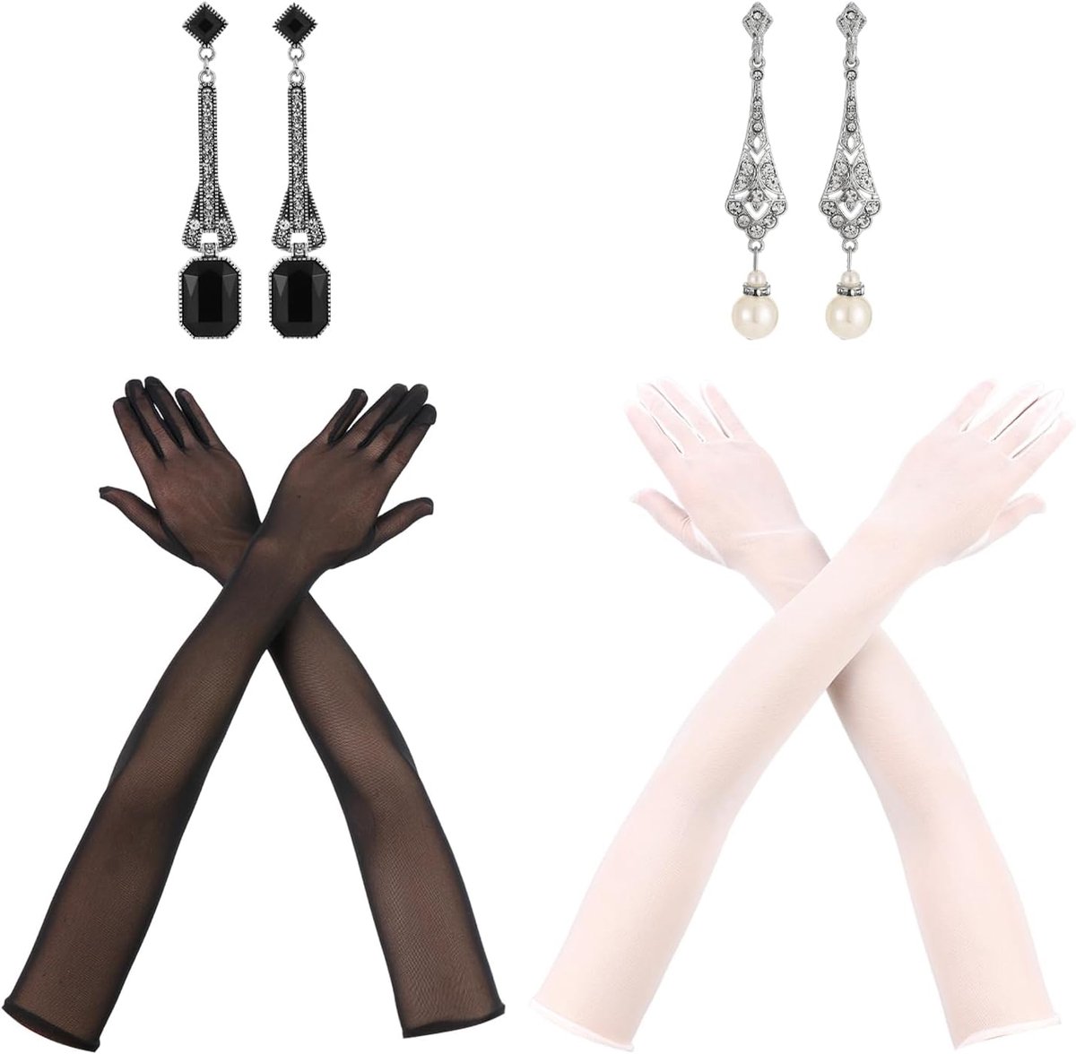Handschoenen Voor Dames, 2 Stuks Retro Edelsteen Oorbellen, Sexy Kant Handschoenen, Elastische En Ademende, Elee Afstuderen Bal Oorbellen.