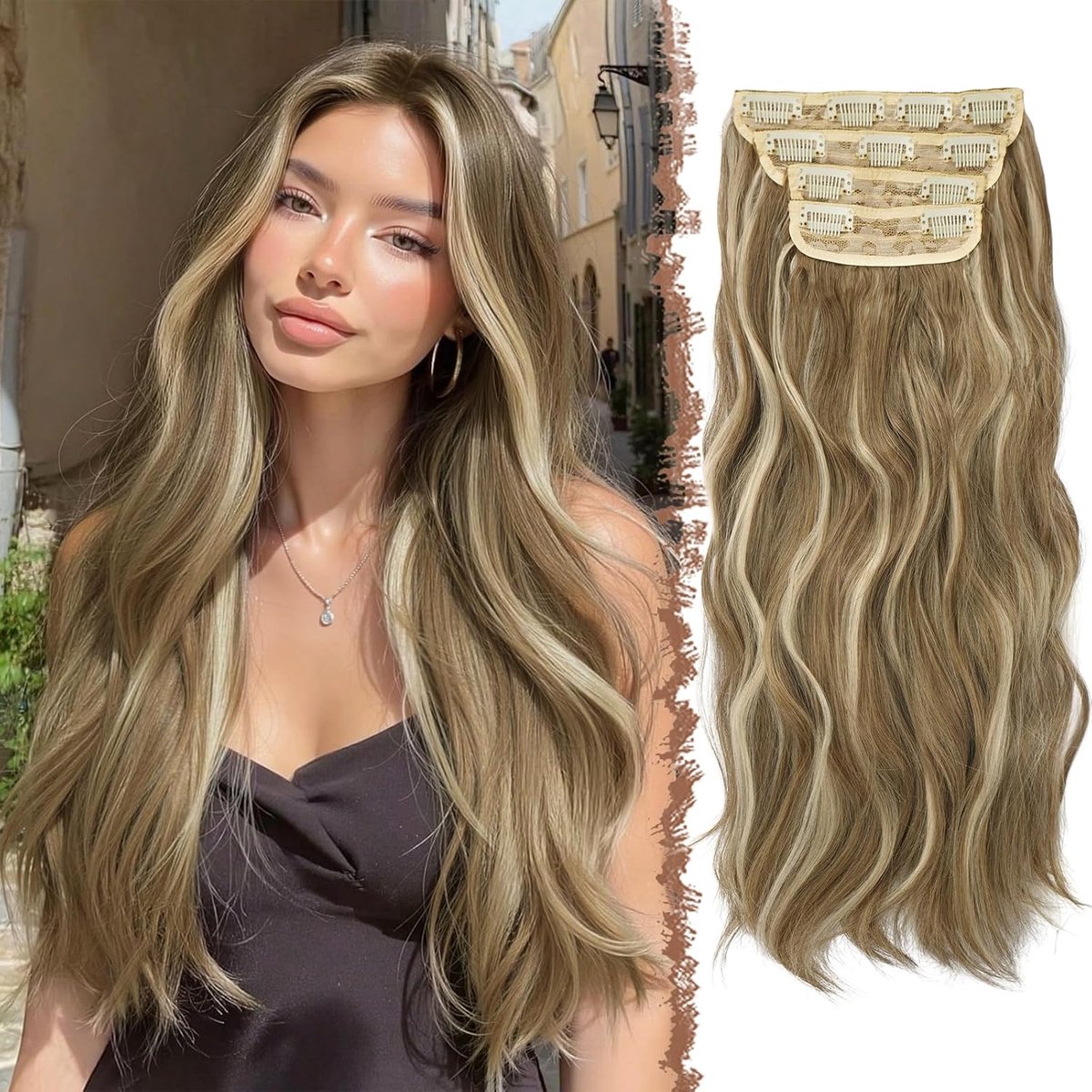 Haarextensies - 4 stuks Lange Golvende Clip in Haar Extensions Kunsthaar Haarverlenging voor Vrouwen, 50 cm Asbruin met Beige-blonde Accenten
