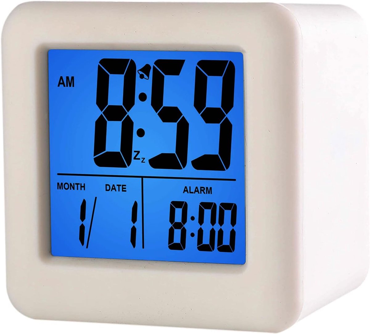 Digitale Wekker Kinderen Wekker met Snooze en Nachtlampje - Gemakkelijk Instellen Siliconen Klok Display Tijd, Datum - Luid Wekker voor Slaapkamer - Werkt op batterijen(Wit)