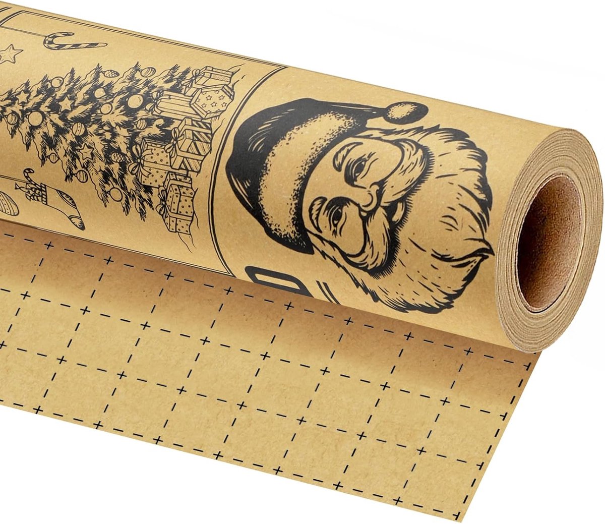 Cadeaupapier Kerstmis, kraftpapier, krant, 43 cm x 10 m | Vintage krantendesign met kerstman en dennenboom; rustieke look voor geschenken, feestjes en kabouters