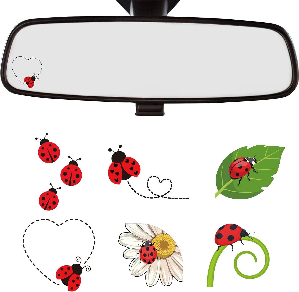 Lieveheersbeestje Auto Stickers 6 stuks, Schattige Natuur Stickers voor Achteruitkijkspiegel Raam Laptop Motorfiets Waterdicht