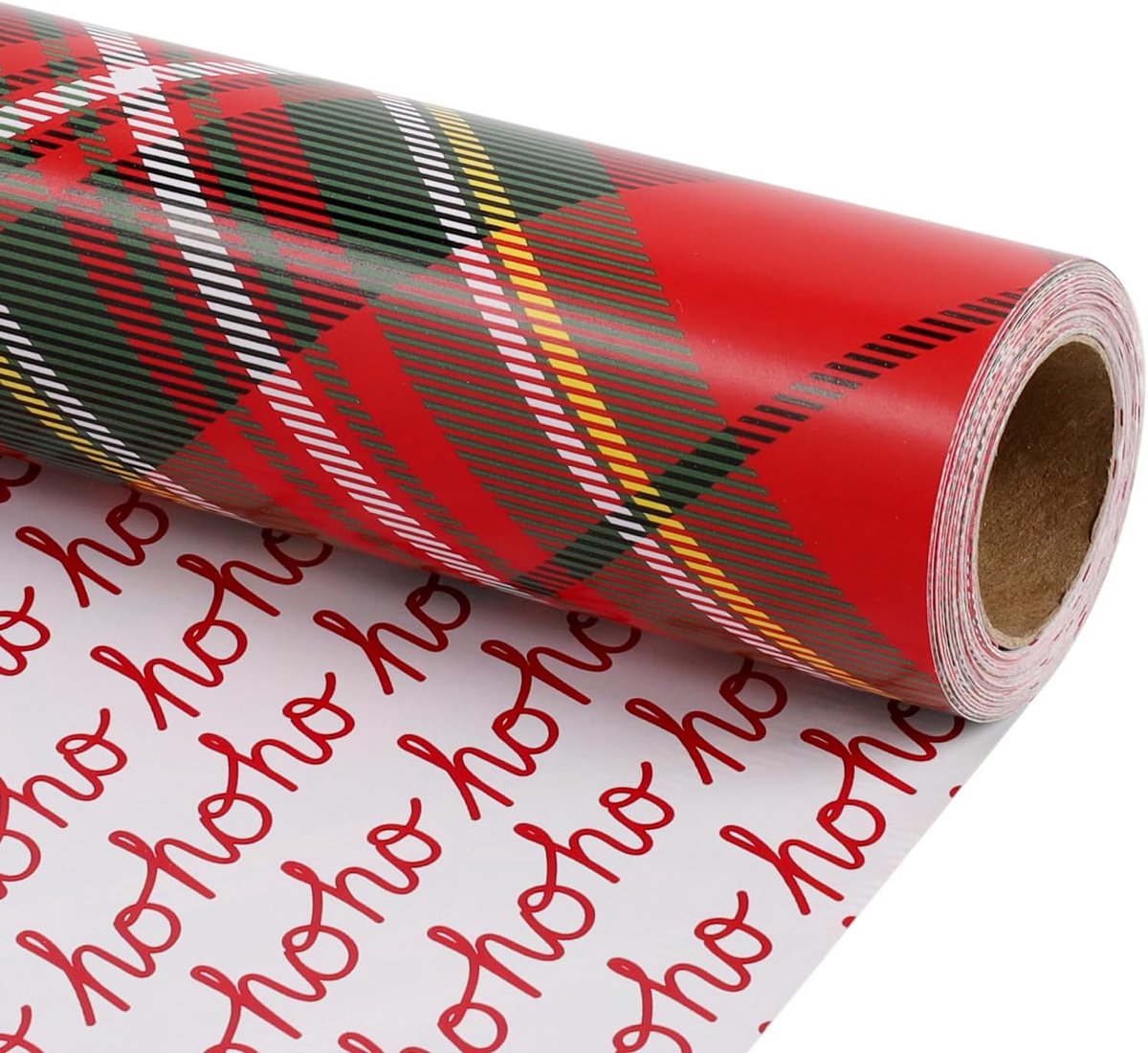 Omkeerbaar kerstpapier - 43 cm x 10 m (4,3 m²) - rood tartan ruit en "HOHO" ontwerp. Perfect voor Kerstmis, feestjes en geschenkverpakking.