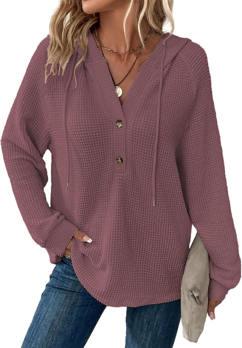 Hoodie dames wafel losse capuchon knoopsluiting sweatshirt V-hals met trekkoord lange mouwen pullover dames met capuchon