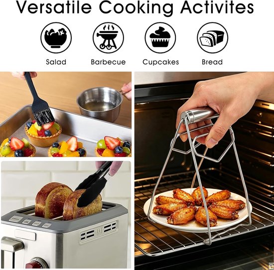 Accessoireset voor heteluchtfriteuse bevat accessoires: ovenschaal Airfryer roestvrij staal 304, rooster, plaatlifter, siliconen borstel en komklemmen, compatibel met AF500EU, AF400EU — afbeelding 5