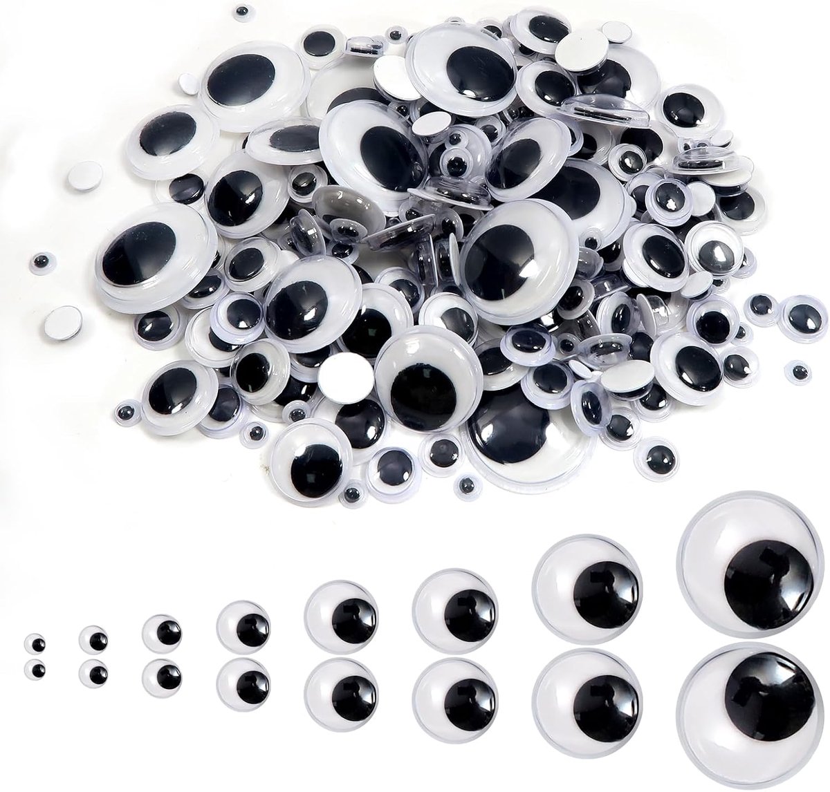 Ogen met zelfklevend, kunststof stickers, 5 mm tot 25 mm, zwart, wit, ronde ogen, handwerk, ooglijm voor knutselen, scrapbooking, accessoires