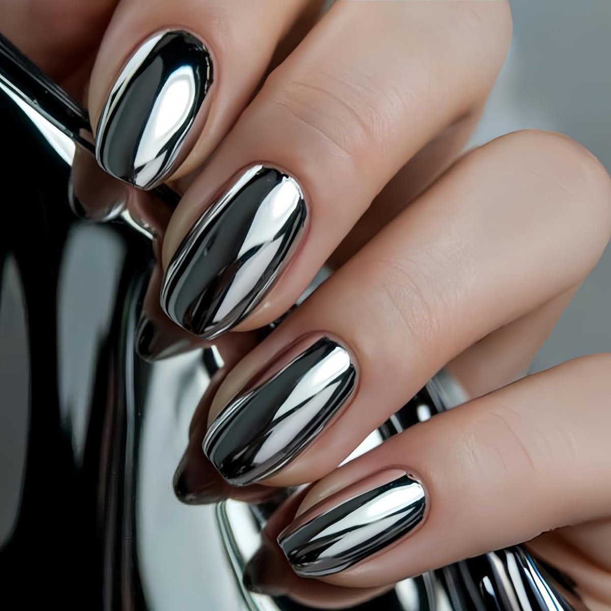 Nagels, kort, vierkant, zwart, chroom, eenkleurig, spiegel, metallic design, nepnagels, zwarte spiegel, effen, pure kleur, kunstmatige kunstnagels