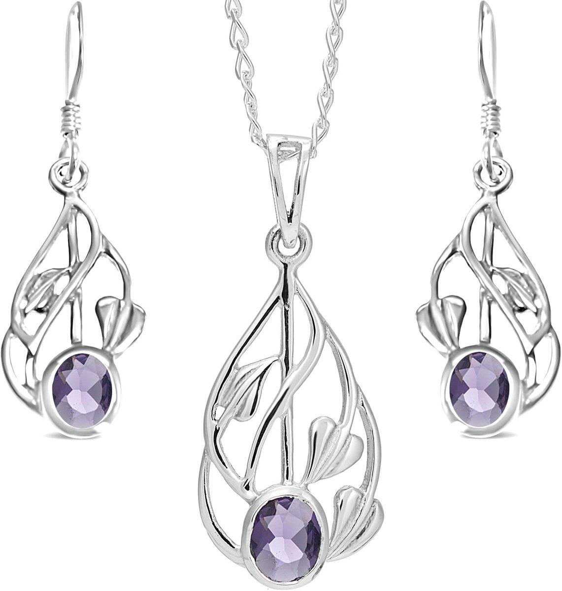 Castle Sieradenset voor dames, 925 sterling zilver & amethist Charles Rennie Mackintosh cadeauset, halsketting en oorbellenset met sieradengeschenkdoos, Sterling zilver, Amethist