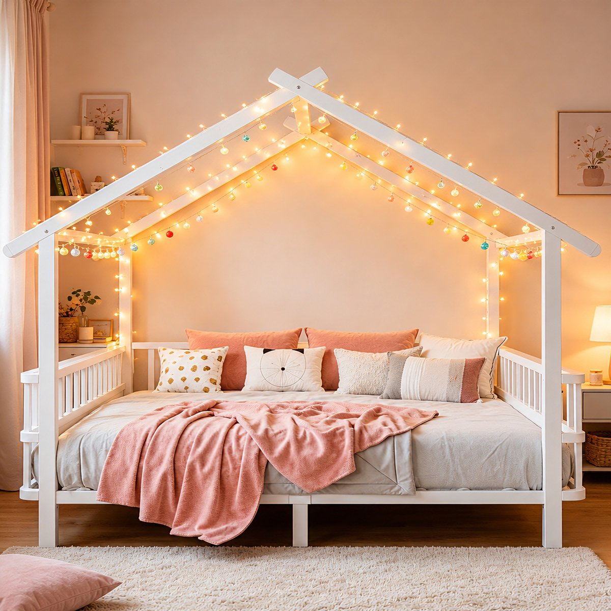 VVBV Kinderbed 140x200 cm - Uitvalbeveiliging, Huisvorm, Stabiel Metalen Frame - Wit, Metaal