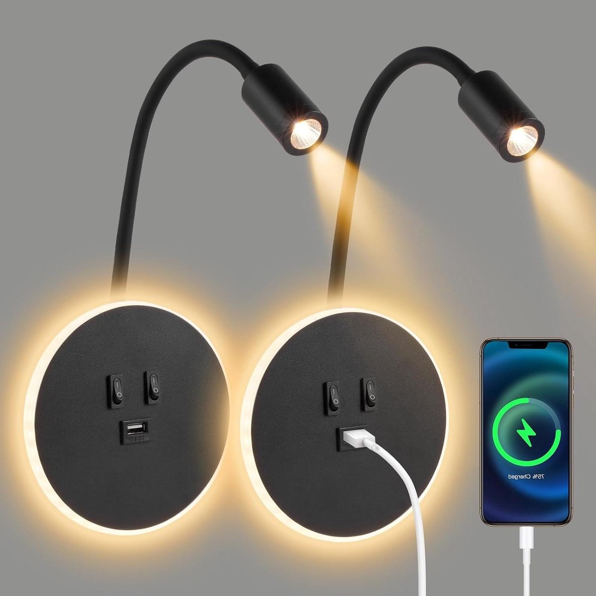 Led Wandlamp - Zwanenhalslamp Bedlamp - Lezen Werken Ontspannen - Met USB Oplader - 2 Stuks - Zwart