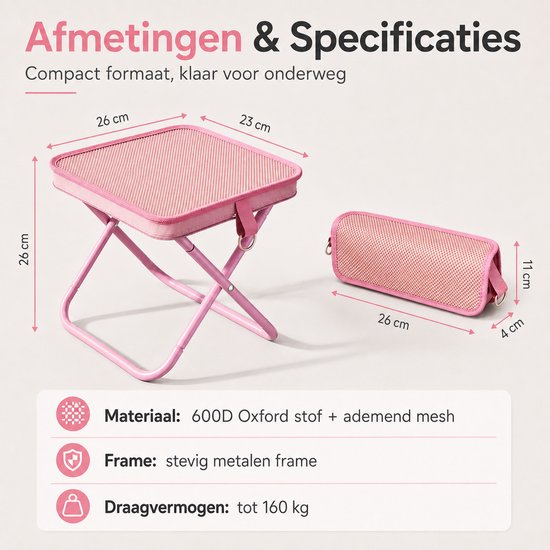 Opvouwbare Kruk - Campingkruk tot 160 kg - Lichtgewicht 0,5 kg - Compacte Klapkruk met Draaglus - Viskruk voor Kamperen, Vissen, Picknick & Festival - Roze — afbeelding 2