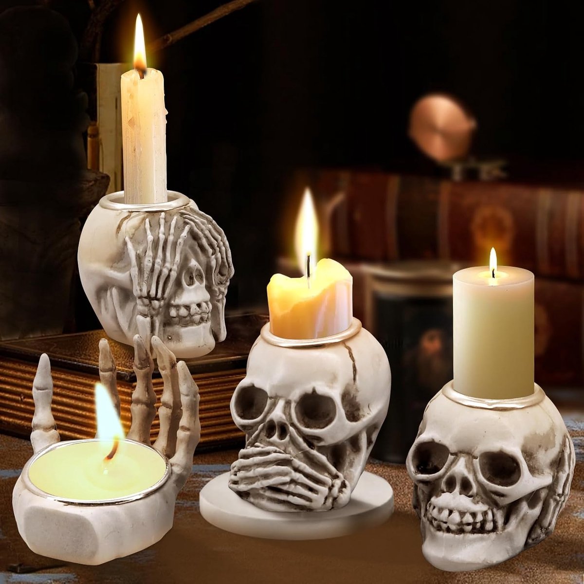 4 stuks schedel kandelaar - menselijke schedel decoratie set - schedel theelicht kaarsenhouder - decoratieve kaarsenhouder voor Halloween feest decor - tafeldecoratie