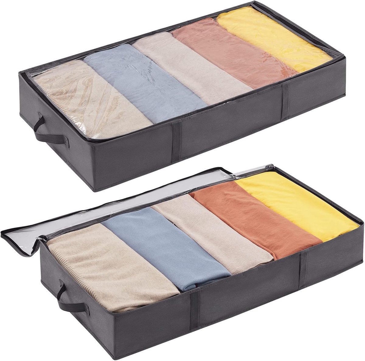 2x Onderbed Opbergtas - 65L Grote Kleding Organizer met 4 Versterkte Handgrepen - Opvouwbare Opbergbox voor Kleding, Lakens & Schoenen - Ruimtebesparende Bedlade Organizer - 90 x 48 x 15 cm - Grijs
