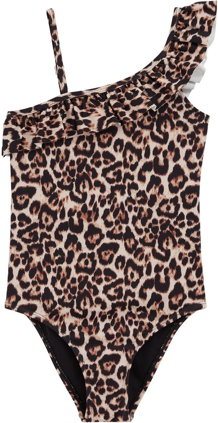 Asymmetrisch badpak met luipaardprint, ruches en één schouderband.
