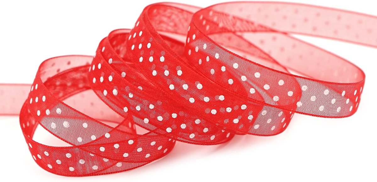 20 m x 10 mm decoratielint chiffon punten rood met vormvaste randen cadeaulint lint transparant organza bruiloft verjaardag chiffon lint Pasen kinderen stippen gestippeld