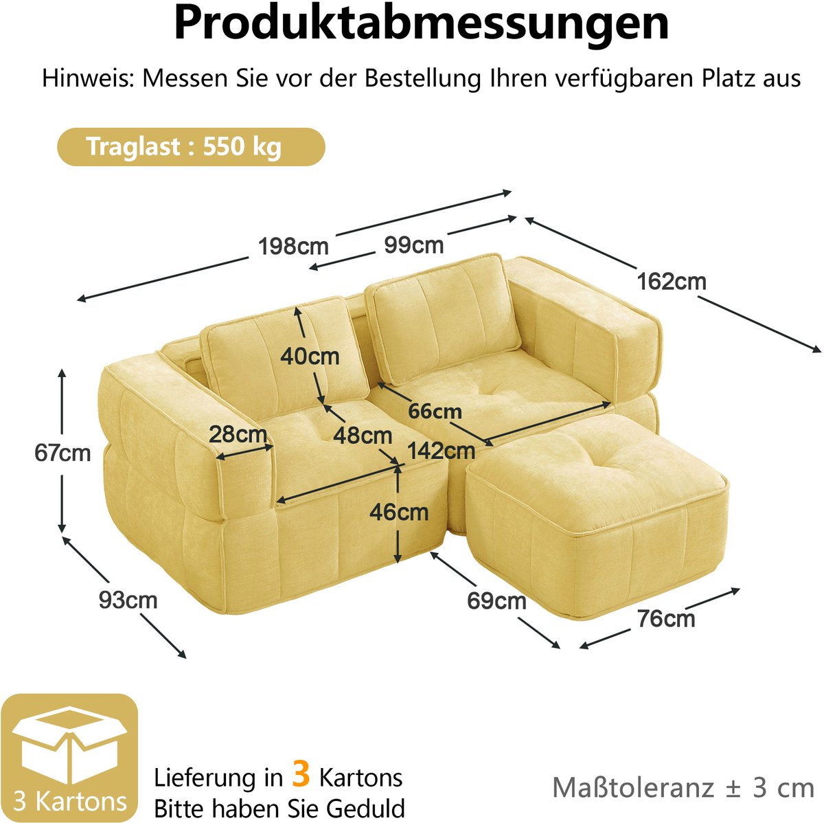 MIVRAY Hoekbank 198 Cm - Modulaire L-Vormige 2-Zitsbank Met Voetbankje - Voor Woonkamer En Appartement - Polyester - Geel
