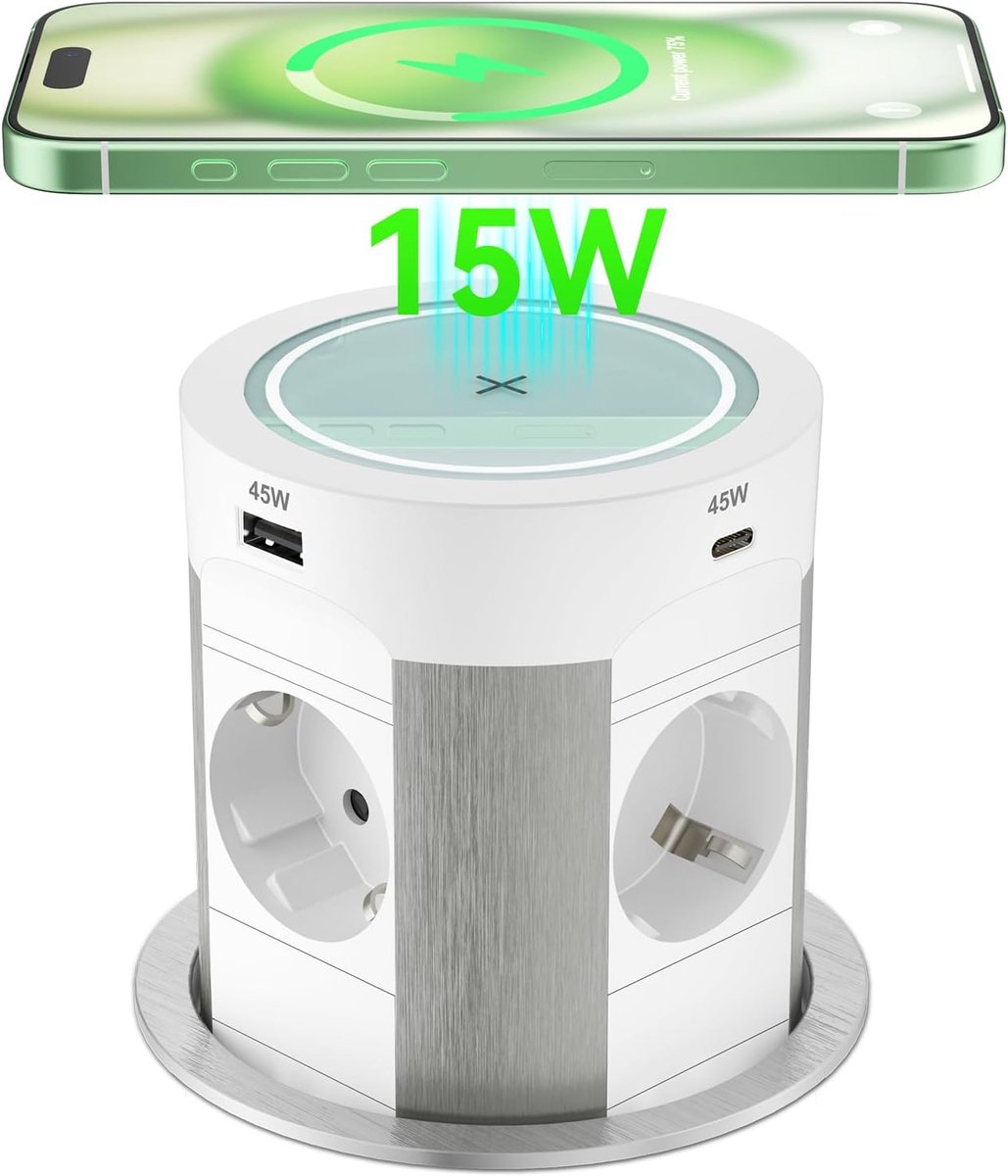 Stopcontact met USB C PD 75 W, 4-voudig inbouwstopcontact met 15 W draadloze oplader, intrekbaar tafelstopcontact voor werkblad, keuken, 1,8 m kabel, wit