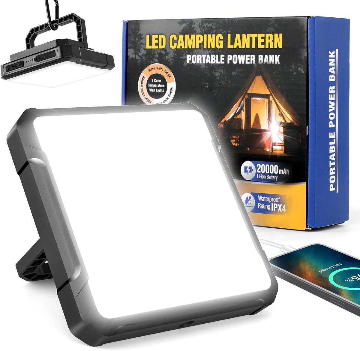 Led-campinglamp, oplaadbaar 20.000 mAh batterij, tentlamp, outdoor lamp, 2000 lumen, IPX4 waterdicht, 4 lichtmodi, campinglicht voor lezen, tent, vissen, blackout