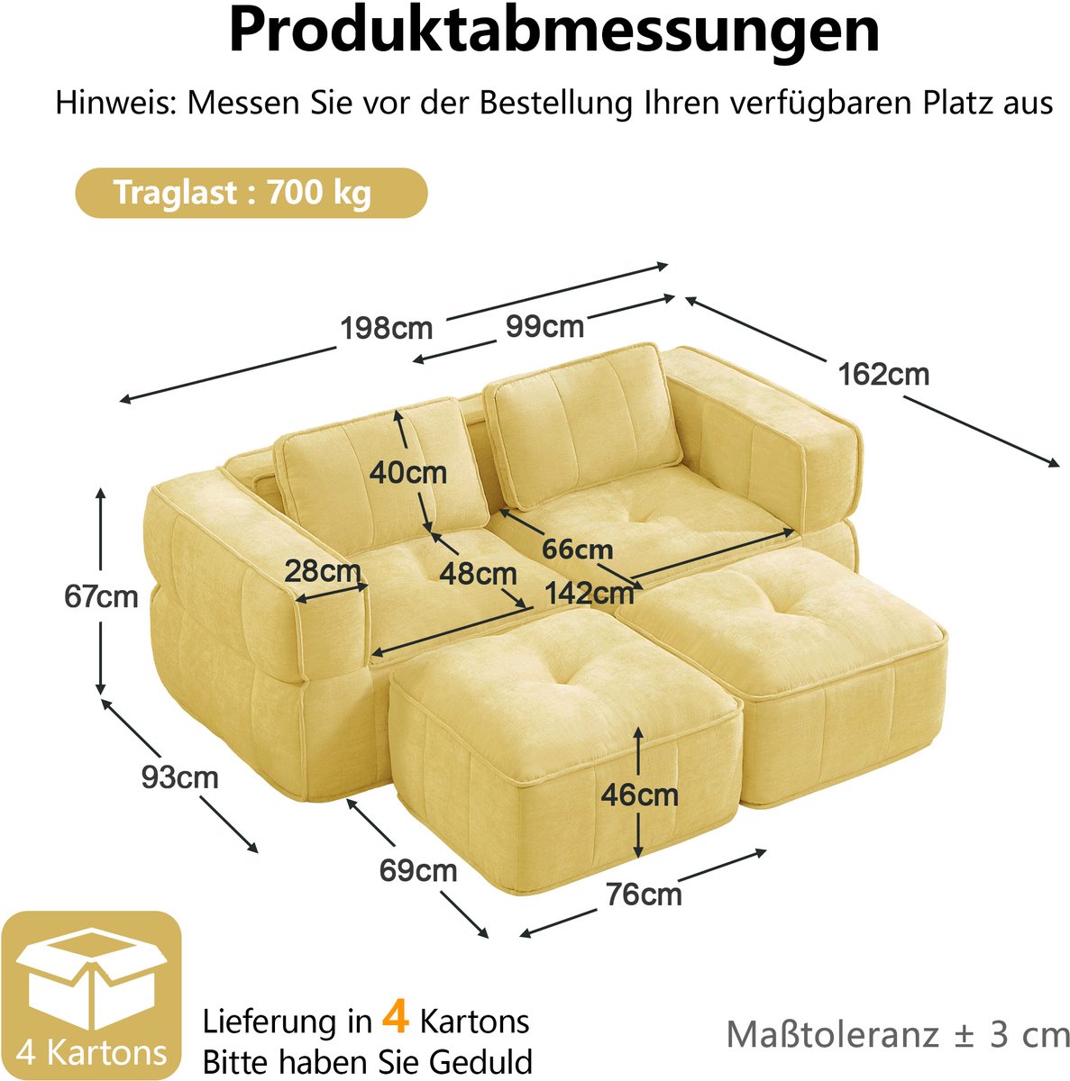 MIVRAY Zitbank 2-Zits Met 2 Hockers - Modulair Met Diepe Zit En Zachte Comfortzitting - Voor Woonkamer En Appartement - Polyester Geel